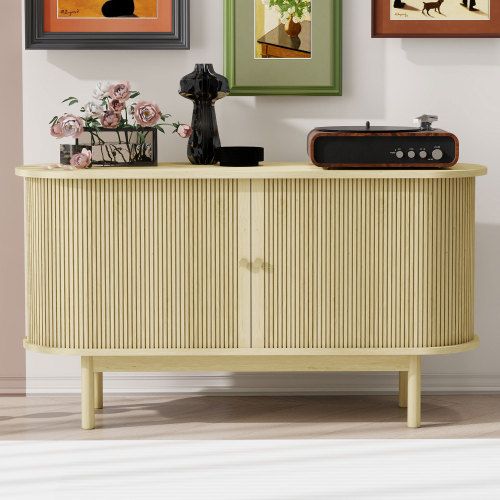 Buffet En Bois Style Rétro-moderne, Portes Coulissantes, Étagères Réglables, 138 Cm, Bois Naturel