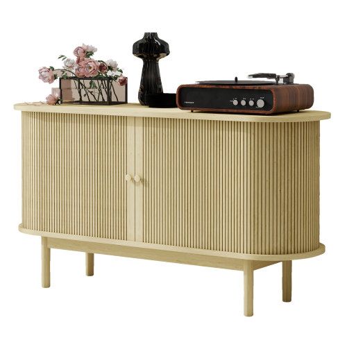 Buffet En Bois Style Rétro-moderne, Portes Coulissantes, Étagères Réglables, 138 Cm, Bois Naturel