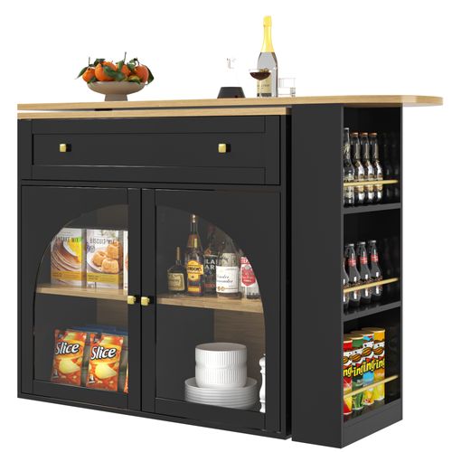 Buffet De Bar Extensible Et Pivotante 360° Avec Rangements, 138–204 Cm, Noir, Porte En Verre