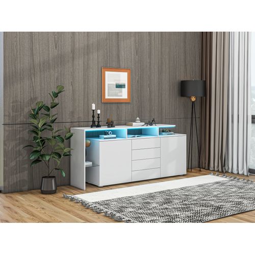Buffet Blanc Haut Brillant Avec LED, Meuble Salon Multifonction, TV Et Rangement,160 * 35 * 70 Cm