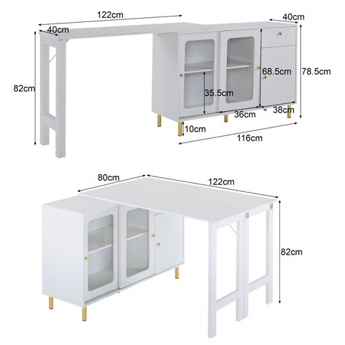 Buffet Moderne Blanc Avec Plateau Rabattable, Portes Vitrées Et Pieds Dorés, Cuisine/salle à Manger