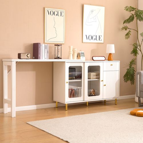 Buffet Moderne Blanc Avec Plateau Rabattable, Portes Vitrées Et Pieds Dorés, Cuisine/salle à Manger