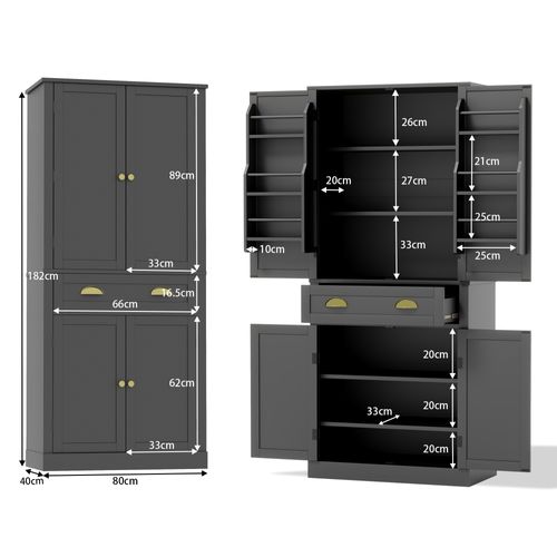 Buffet De Rangement 182 Cm Noire, 4 Portes Et 1 Tiroir, 6 Compartiments Et Étagères Réglables