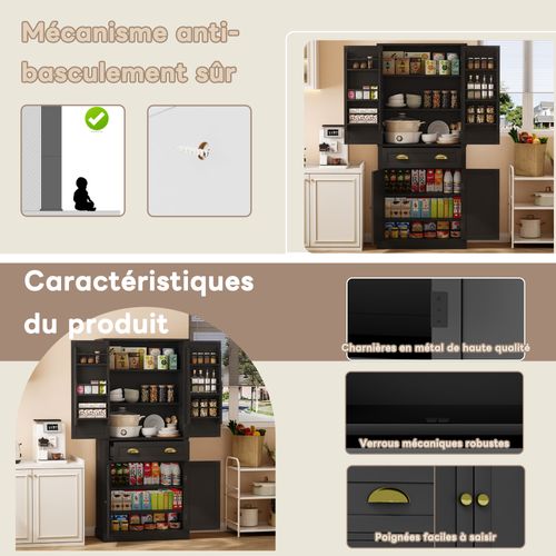 Buffet De Rangement 182 Cm Noire, 4 Portes Et 1 Tiroir, 6 Compartiments Et Étagères Réglables