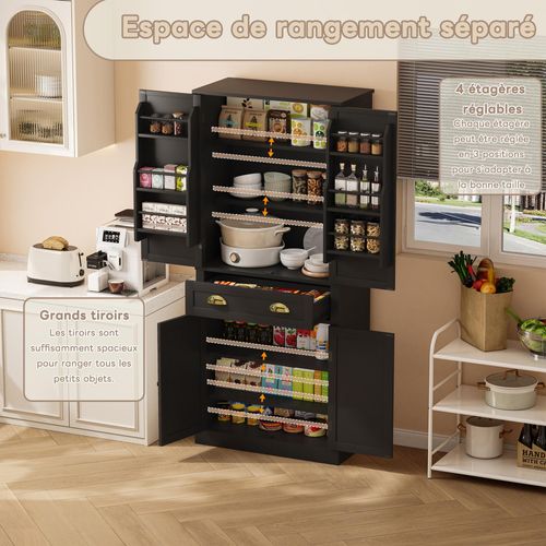 Buffet De Rangement 182 Cm Noire, 4 Portes Et 1 Tiroir, 6 Compartiments Et Étagères Réglables