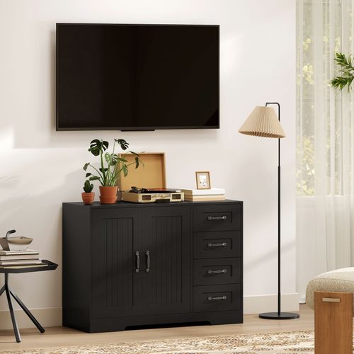 Buffet Moderne Noir, 4 Tiroirs + 1 Porte, 105 X 40 X 76 Cm, Salon Et Chambre