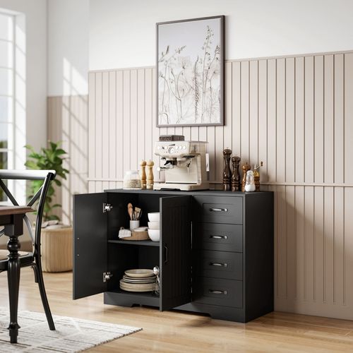 Buffet Moderne Noir, 4 Tiroirs + 1 Porte, 105 X 40 X 76 Cm, Salon Et Chambre