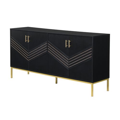 Buffet Moderne 4 Portes En Noir Et Or – Mdf, Pieds Métalliques, Pour Salon Et Salle à Manger