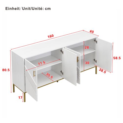 Buffet Moderne 4 Portes En Blanc Et Or – Mdf, Pieds Métalliques, Pour Salon Et Salle à Manger