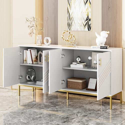 Buffet Moderne 4 Portes En Blanc Et Or – Mdf, Pieds Métalliques, Pour Salon Et Salle à Manger