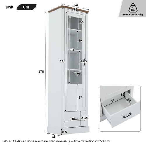 Vitrine En Verre, Vitrine LED Blanche Mate, Avec USB, Armoire Haute Avec Tiroir, 50 * 35 * 178 Cm