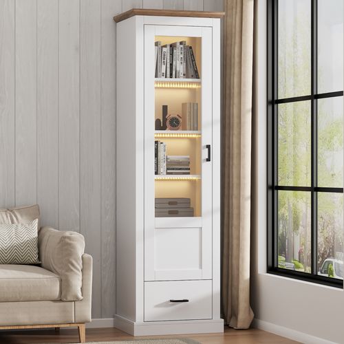 Vitrine En Verre, Vitrine LED Blanche Mate, Avec USB, Armoire Haute Avec Tiroir, 50 * 35 * 178 Cm