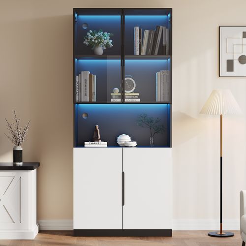 Vitrine En Verre Trempé Avec 4 Portes Et Compartiments Réglables - 80x30x200cm -  Avec LED - Noir