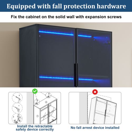 Vitrine En Verre Trempé Avec 4 Portes Et Compartiments Réglables - 80x30x200cm -  Avec LED - Noir