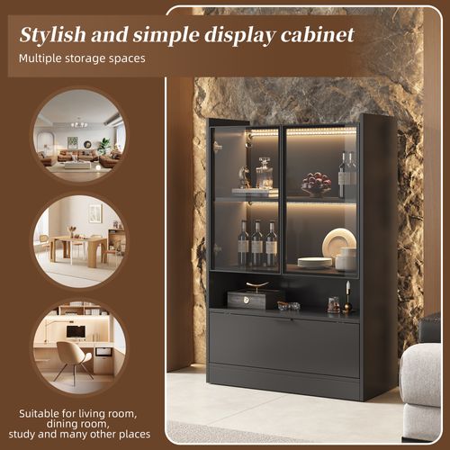 Vitrine En Verre Avec Éclairage LED - Design Pop-up - Vitrine De Collection - 35 X 80 X 120 Cm, Noir