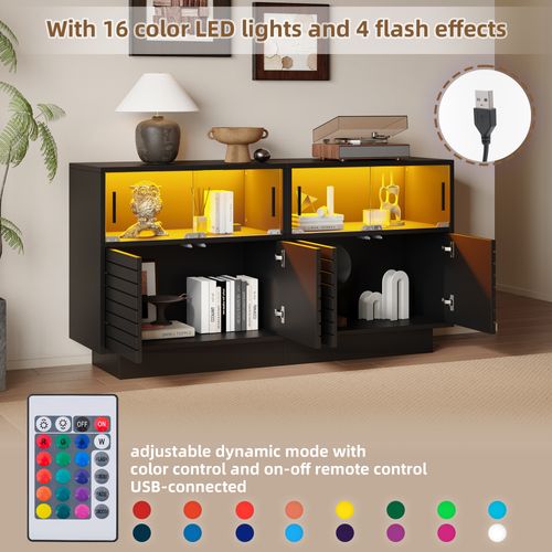Buffet De Salon Avec 2 Armoires Et 4 Compartiments, - Armoire De Salon Moderne Avec LED - Noir