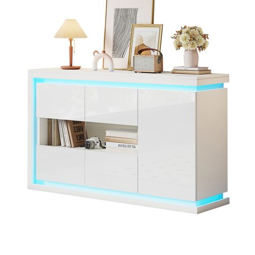 Buffet Moderne 140x40x84 Cm Avec Éclairage LED, Portes En Verre Trempé, Meuble Haut Brillant, Blanc