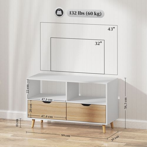 Meuble TV 99 Cm Blanc Avec Tiroir Et 2 Étagères, Banc TV Moderne Pour Salon