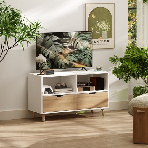 Meuble TV 99 Cm Blanc Avec Tiroir Et 2 Étagères, Banc TV Moderne Pour Salon