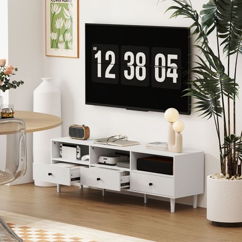 Meuble TV Bas 140 Cm Blanc, 3 Tiroirs Et 3 Niches Ouvertes, TV Jusqu'à 75", Salon