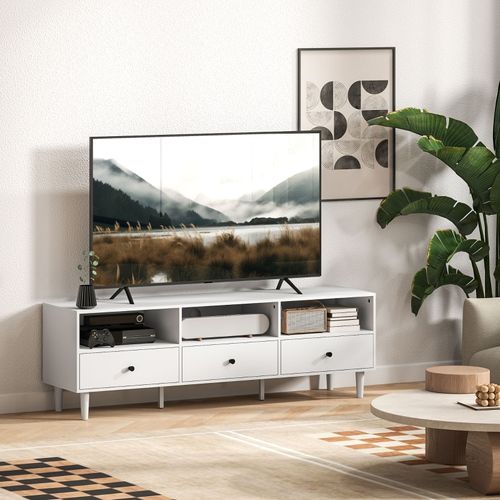 Meuble TV Bas 140 Cm Blanc, 3 Tiroirs Et 3 Niches Ouvertes, TV Jusqu'à 75", Salon