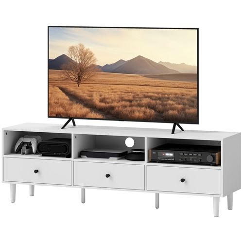 Meuble TV Bas 140 Cm Blanc, 3 Tiroirs Et 3 Niches Ouvertes, TV Jusqu'à 75", Salon
