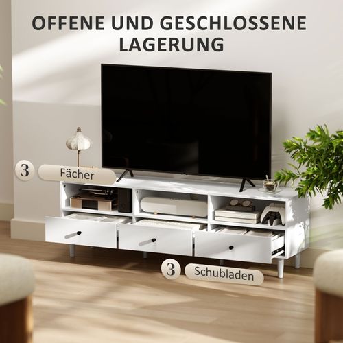 Meuble TV Bas 140 Cm Blanc, 3 Tiroirs Et 3 Niches Ouvertes, TV Jusqu'à 75", Salon