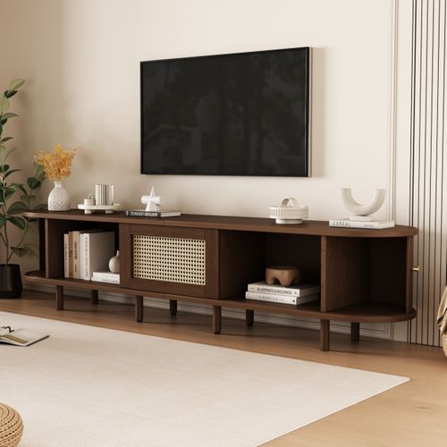 Meuble TV Ovale 180 Cm Effet Noyer Foncé, Design Rotin, Pieds Réglables, Mdf, 30 Kg, Lowboard, Salon