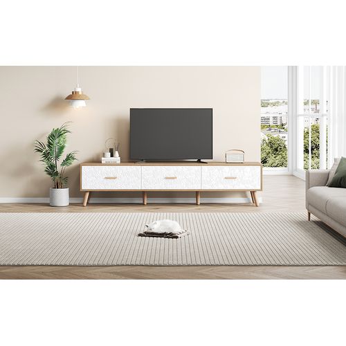 Meuble TV Bas 150 × 35 × 39 Cm Style Vintage, Bois Clair, Portes Blanches, Pour Salon Ou Chambre