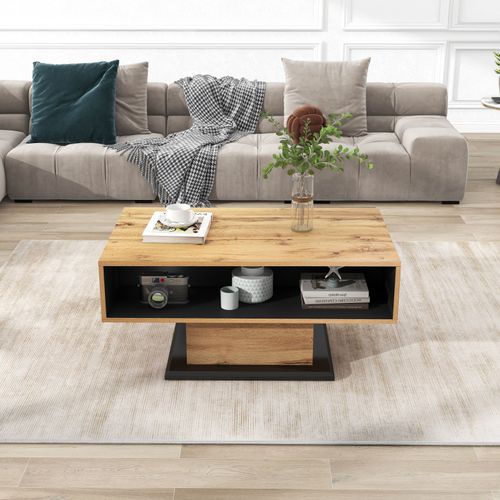 Table Basse Effet Bois, 1 Tiroir Sans Poignée, Double Rangement, Grand Espace, Salon Ou Bureau
