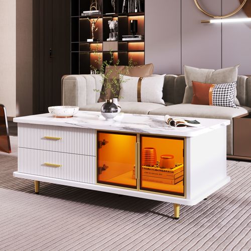 Table Basse Avec Porte En Verre Trempé, Tiroirs Ondulés, Pieds Et Poignées Dorés, Pour Salon
