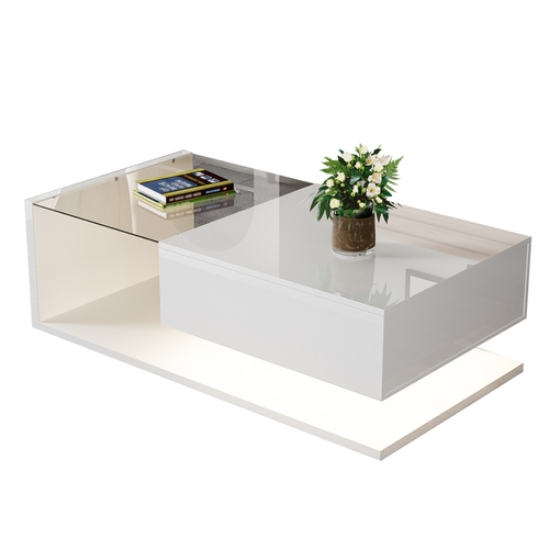Table Basse LED Moderne, Blanche De Salon En Verre, Bois Avec Tiroir Grand, Salon, 105x55x32.5cm