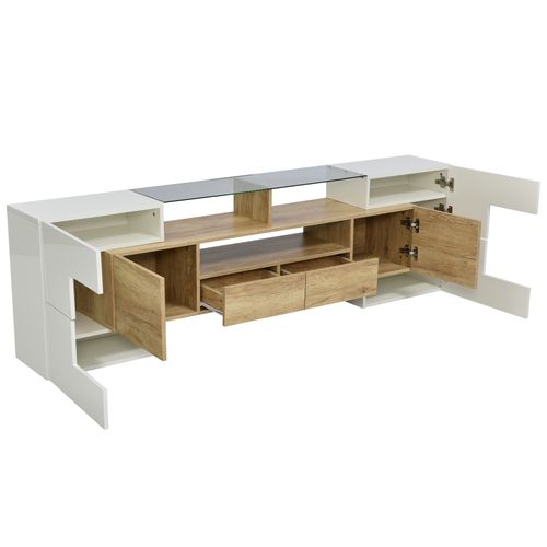 Meuble TV LED, Longueur Meuble Télé Haut Pour Salon, Avec Rangement, 200 X30x60 Cm, Blanc et Bois