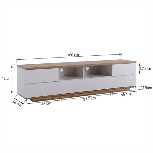 Meuble TV Blanc, Meuble TV Avec Espace De Rangement Et Grain De Bois, Pour Salon 180 X 38 X 46 Cm
