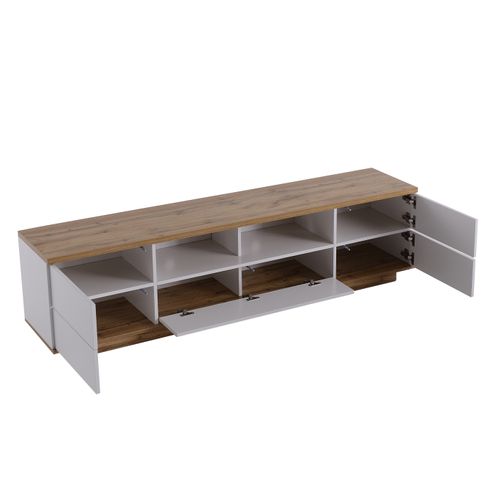 Meuble TV Blanc, Meuble TV Avec Espace De Rangement Et Grain De Bois, Pour Salon 180 X 38 X 46 Cm