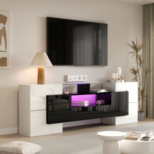 Meuble TV Bas 200 Cm, Avec LED, Design Moderne Et Surface En Verre Élégante, Pour Salon, Blanc