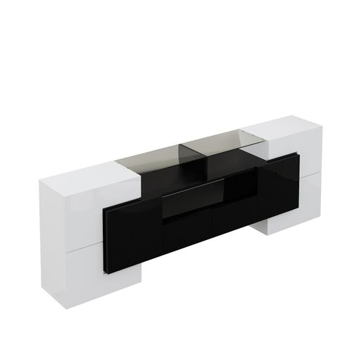 Meuble TV Bas 200 Cm, Avec LED, Design Moderne Et Surface En Verre Élégante, Pour Salon, Blanc