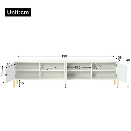 Meuble TV Blanc 190 × 38 × 48 Cm – Pieds Dorés, Portes Rainurées, Design Moderne Pour Salon