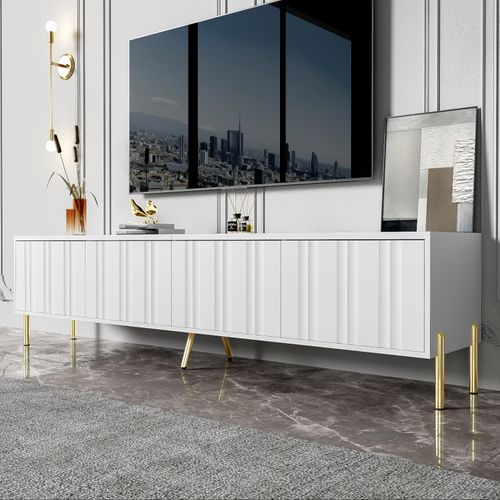 Meuble TV Blanc 190 × 38 × 48 Cm – Pieds Dorés, Portes Rainurées, Design Moderne Pour Salon