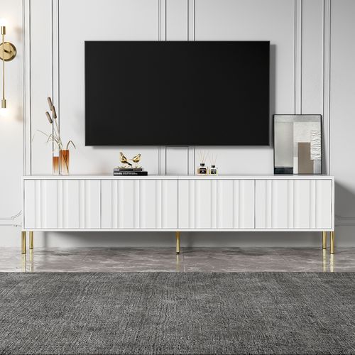 Meuble TV Blanc 190 × 38 × 48 Cm – Pieds Dorés, Portes Rainurées, Design Moderne Pour Salon