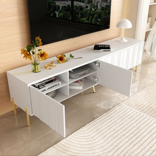 Meuble TV Blanc 190 × 38 × 48 Cm – Pieds Dorés, Portes Rainurées, Design Moderne Pour Salon