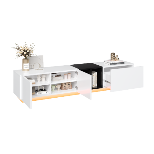 Meuble TV Moderne Noir Et Blanc – Avec Tiroirs Et Niches Ouvertes, 190 X 40 X 35 Cm, Pour Salon