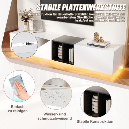 Meuble TV Moderne Noir Et Blanc – Avec Tiroirs Et Niches Ouvertes, 190 X 40 X 35 Cm, Pour Salon