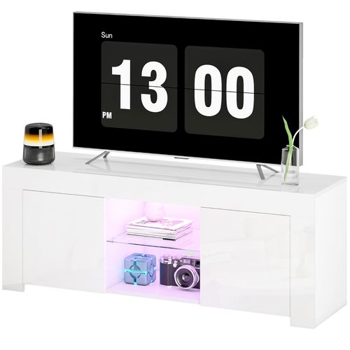 Meuble TV Blanc, 2 Portes, Étagère En Verre, LED Et Passages Câbles, Pour Salon, 120 X 34 X 45 Cm