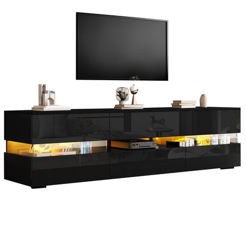 Meuble TV Moderne Noir Laqué 160 × 39 × 45 Cm, LED, 2 Portes, 1 Tiroir, Niche Ouverte, Pour Salon