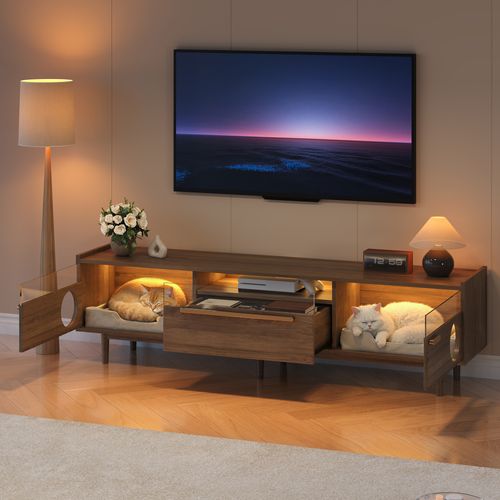 Meuble TV 180×40×50 Cm Couleur Noyer, LED, Portes Verre , Tiroir Et Espace Repos Pour Chat, Salon