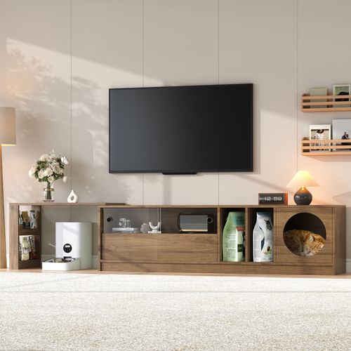Meuble TV Moderne Pivotant 180(+80)×40×50 Cm Couleur Noyer, Portes Verre Renforcé, Espace Repos Chat