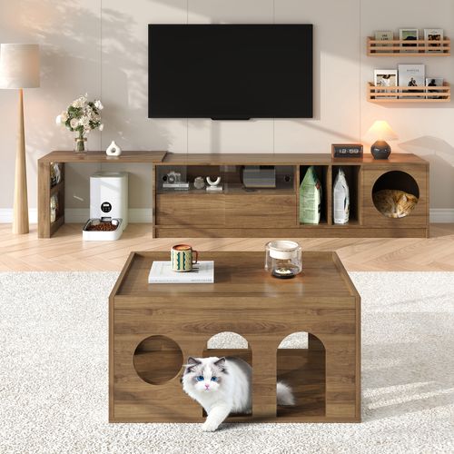Meuble TV Moderne Pivotant 180(+80)×40×50 Cm Couleur Noyer, Portes Verre Renforcé, Espace Repos Chat
