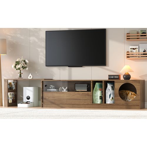 Meuble TV Moderne Pivotant 180(+80)×40×50 Cm Couleur Noyer, Portes Verre Renforcé, Espace Repos Chat