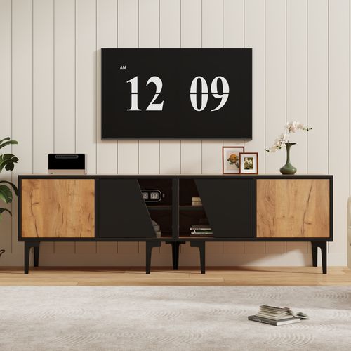 Meuble TV Bas 160 × 36,5 × 45 Cm Couleur Bois Naturel, 4 Niches, Pour TV Jusqu’à 65", Salon